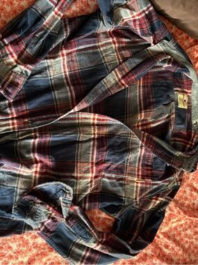 Plaid Flannel Button-Up Shirt - Navy, Red, Cream